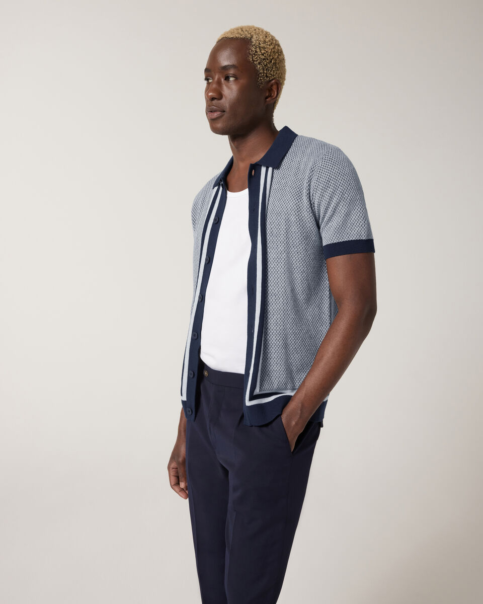 Panelled Short Sleeve Button Up Knit, Navy, hi-res